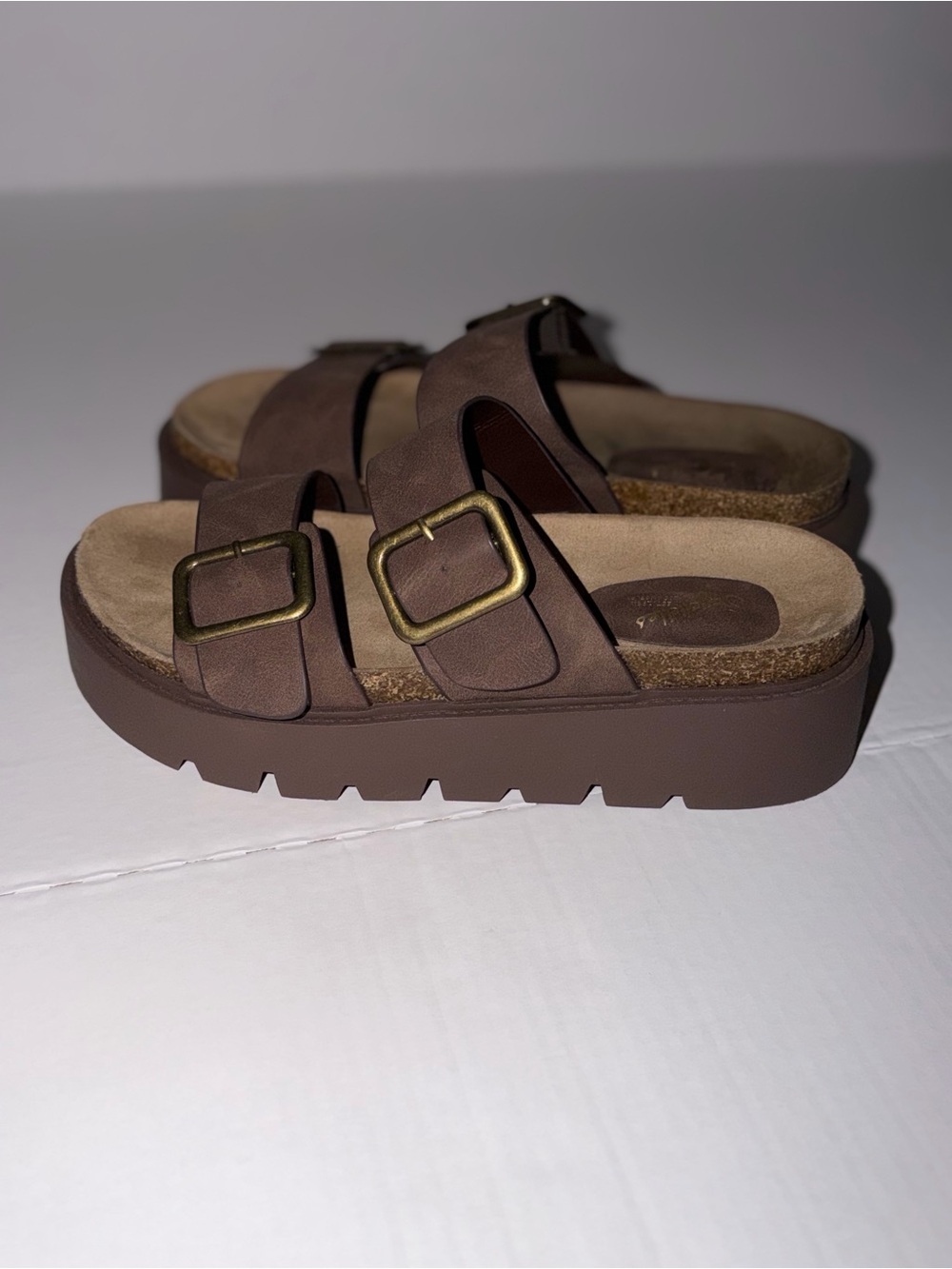 Seychelles Brown Dual-Buckle Platform Slide Sandals